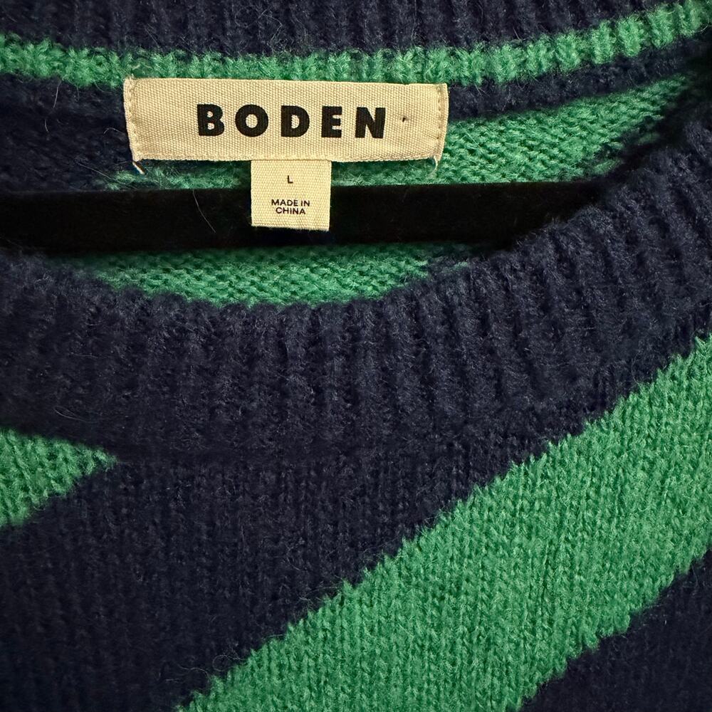 Boden Fluffy Diagonal Stripe Jumper Navy Green Knit Crewneck Sweater Size Large - Picture 5 of 7